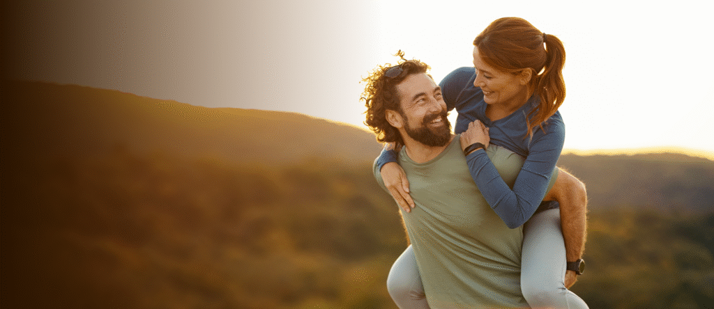 Bearded man carrying a woman on his back